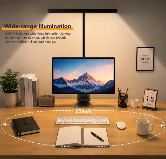 Alt view image 4 of 7 - LED Desk Lamp with clamp, Remote Control Desk Lamp, 5 Color Modes & 10 Brightness Levels, 17'' Wide Light Bar, Eye Caring Gooseneck Desk Light, Adapter Included