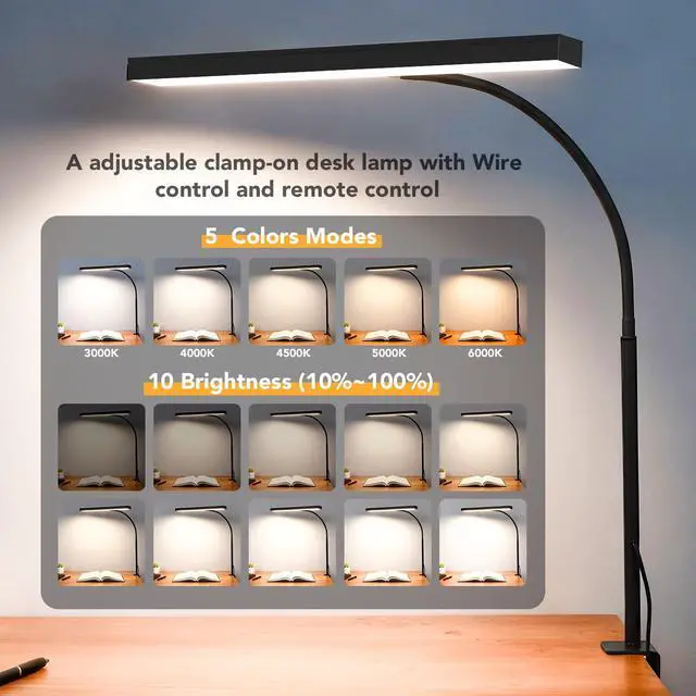 Alt view image 5 of 7 - LED Desk Lamp with clamp, Remote Control Desk Lamp, 5 Color Modes & 10 Brightness Levels, 17'' Wide Light Bar, Eye Caring Gooseneck Desk Light, Adapter Included