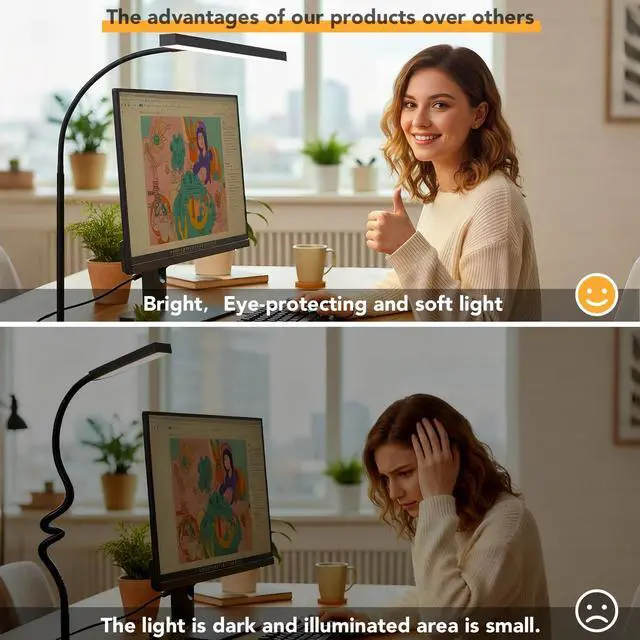 Alt view image 6 of 7 - LED Desk Lamp with clamp, Remote Control Desk Lamp, 5 Color Modes & 10 Brightness Levels, 17'' Wide Light Bar, Eye Caring Gooseneck Desk Light, Adapter Included