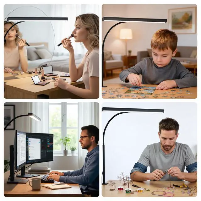 Alt view image 7 of 7 - LED Desk Lamp with clamp, Remote Control Desk Lamp, 5 Color Modes & 10 Brightness Levels, 17'' Wide Light Bar, Eye Caring Gooseneck Desk Light, Adapter Included