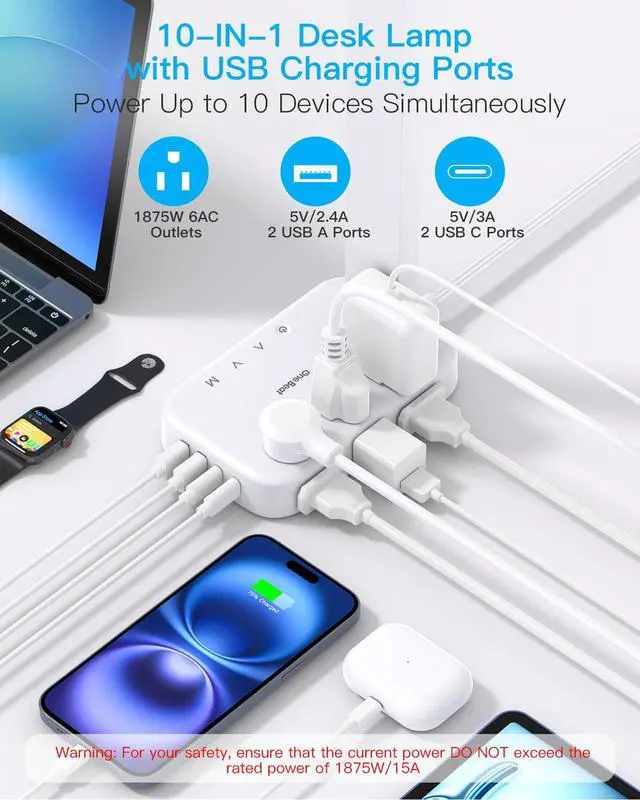 Alt view image 2 of 7 - Desk Lamp with 6 AC Outlets & 4 USB Ports (2 USB-C), Touch Control LED Lamp, 4 Color Modes 5 Brightness Levels,Eye-Caring Reading Lamp,5ft Cord,Home Office College Dorm Room Essentials