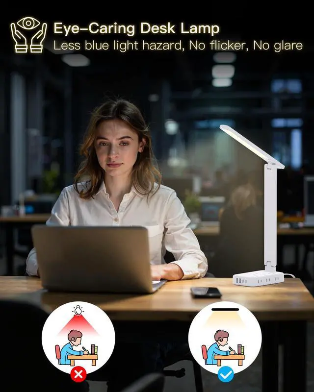 Alt view image 4 of 7 - Desk Lamp with 6 AC Outlets & 4 USB Ports (2 USB-C), Touch Control LED Lamp, 4 Color Modes 5 Brightness Levels,Eye-Caring Reading Lamp,5ft Cord,Home Office College Dorm Room Essentials