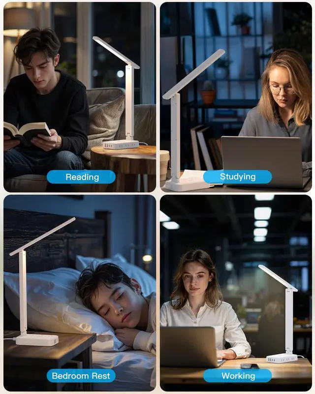Alt view image 7 of 7 - Desk Lamp with 6 AC Outlets & 4 USB Ports (2 USB-C), Touch Control LED Lamp, 4 Color Modes 5 Brightness Levels,Eye-Caring Reading Lamp,5ft Cord,Home Office College Dorm Room Essentials