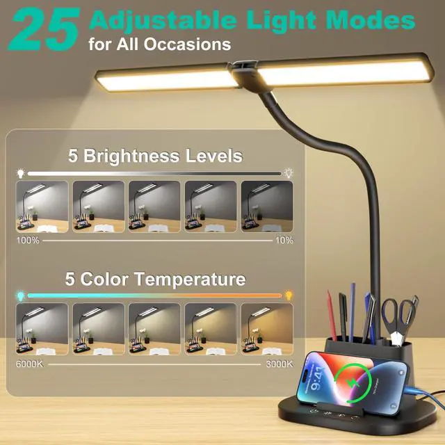 Alt view image 2 of 7 - Desk Lamp with USB-C Charging Port and Organizer Base, LED Desk Light with Pen Holder, Phone Stand, 25 Lighting Modes, Flexible Gooseneck Touch Lamp for Home Office, Study Desk, College Dorm Room