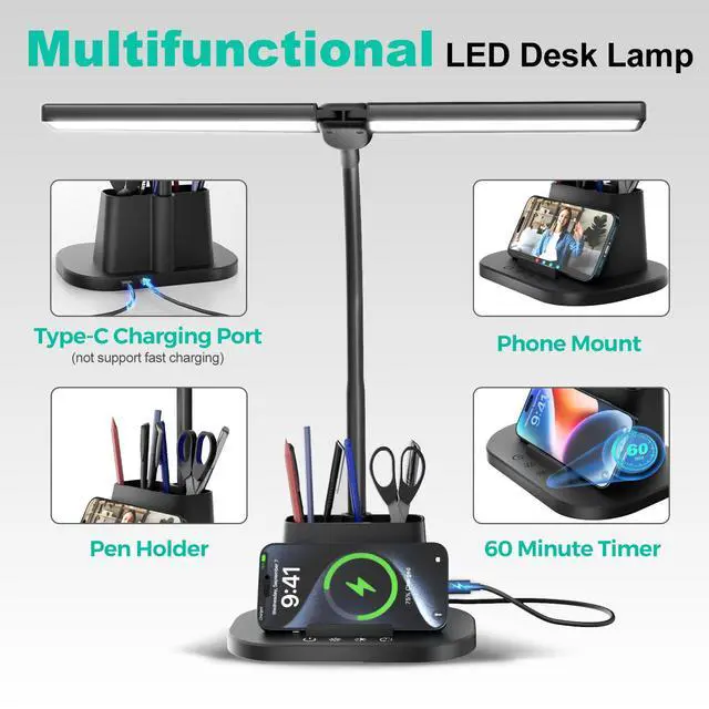 Alt view image 3 of 7 - Desk Lamp with USB-C Charging Port and Organizer Base, LED Desk Light with Pen Holder, Phone Stand, 25 Lighting Modes, Flexible Gooseneck Touch Lamp for Home Office, Study Desk, College Dorm Room