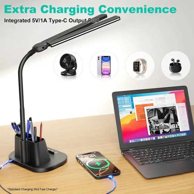 Alt view image 5 of 7 - Desk Lamp with USB-C Charging Port and Organizer Base, LED Desk Light with Pen Holder, Phone Stand, 25 Lighting Modes, Flexible Gooseneck Touch Lamp for Home Office, Study Desk, College Dorm Room