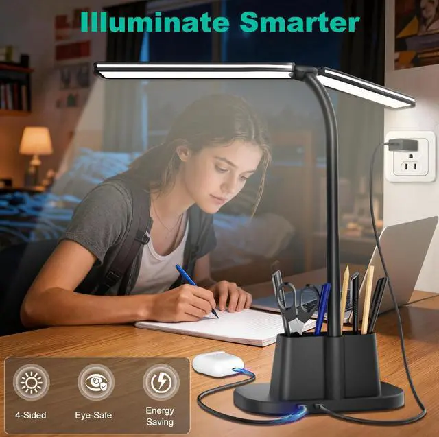 Alt view image 7 of 7 - Desk Lamp with USB-C Charging Port and Organizer Base, LED Desk Light with Pen Holder, Phone Stand, 25 Lighting Modes, Flexible Gooseneck Touch Lamp for Home Office, Study Desk, College Dorm Room