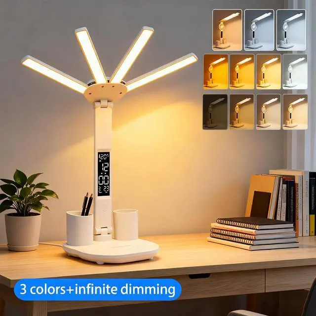 Alt view image 3 of 7 - Led Desk Lamp with Clock Foldable Study Lamp 3 Lighting Modes Table Lamp Dimmable Eye Caring Reading Lamp for Home Office College Dorm Bedroom Bedside