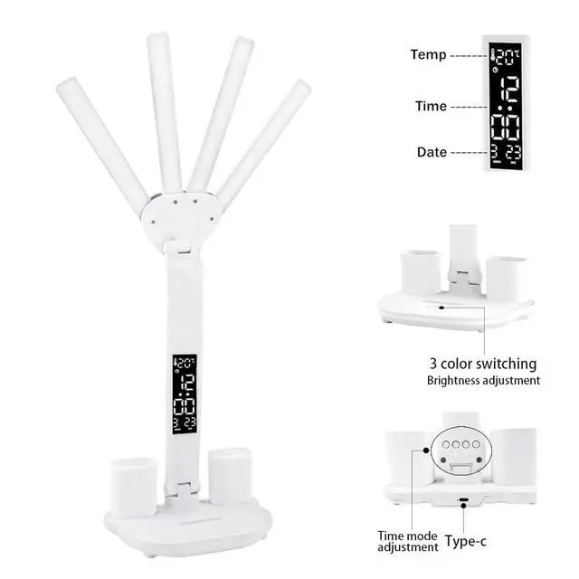 Alt view image 4 of 7 - Led Desk Lamp with Clock Foldable Study Lamp 3 Lighting Modes Table Lamp Dimmable Eye Caring Reading Lamp for Home Office College Dorm Bedroom Bedside