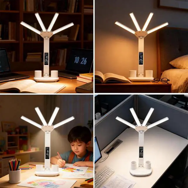 Alt view image 7 of 7 - Led Desk Lamp with Clock Foldable Study Lamp 3 Lighting Modes Table Lamp Dimmable Eye Caring Reading Lamp for Home Office College Dorm Bedroom Bedside