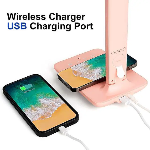 Alt view image 2 of 7 - Multifunctional LED Desk Lamp with Wireless Charger,USB Charging Port,Clock,Phone Holder,Desk Lamps for Home Office,Eye-Caring Reading Lamp,Study Lamp for Boys,Girls,Teens,Pink