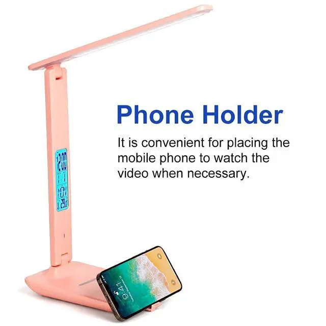 Alt view image 4 of 7 - Multifunctional LED Desk Lamp with Wireless Charger,USB Charging Port,Clock,Phone Holder,Desk Lamps for Home Office,Eye-Caring Reading Lamp,Study Lamp for Boys,Girls,Teens,Pink