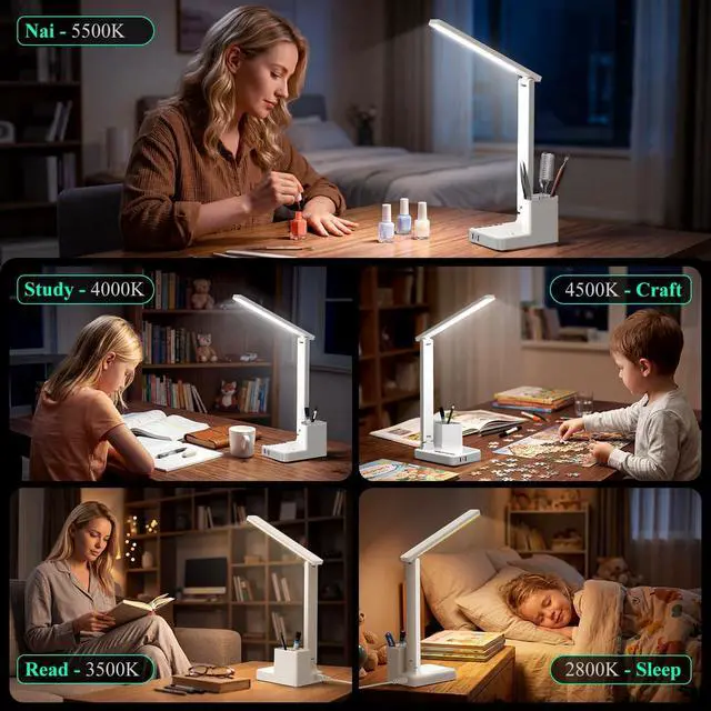 Alt view image 6 of 7 - Dimmable Desk Table Lamp with Pen Holder/Organizer,Study LED Desk Lamp with USB Charging Port/Type C Port/Outlets/Storage Box/Touch,Kids Desk Reading Light for Students,Desk Lamp for Home Office