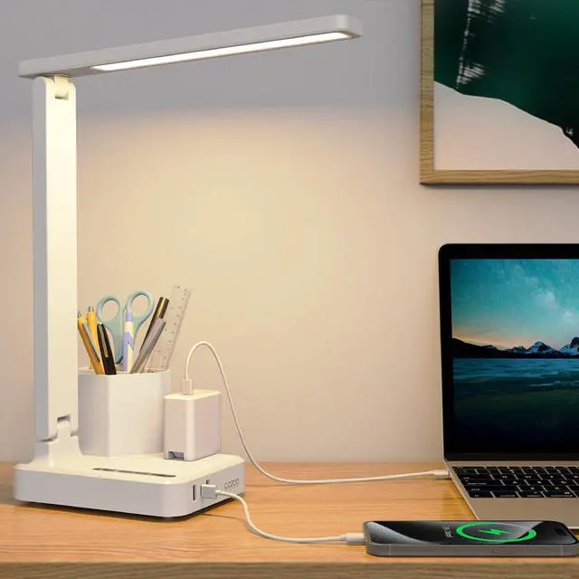 Alt view image 7 of 7 - Dimmable Desk Table Lamp with Pen Holder/Organizer,Study LED Desk Lamp with USB Charging Port/Type C Port/Outlets/Storage Box/Touch,Kids Desk Reading Light for Students,Desk Lamp for Home Office