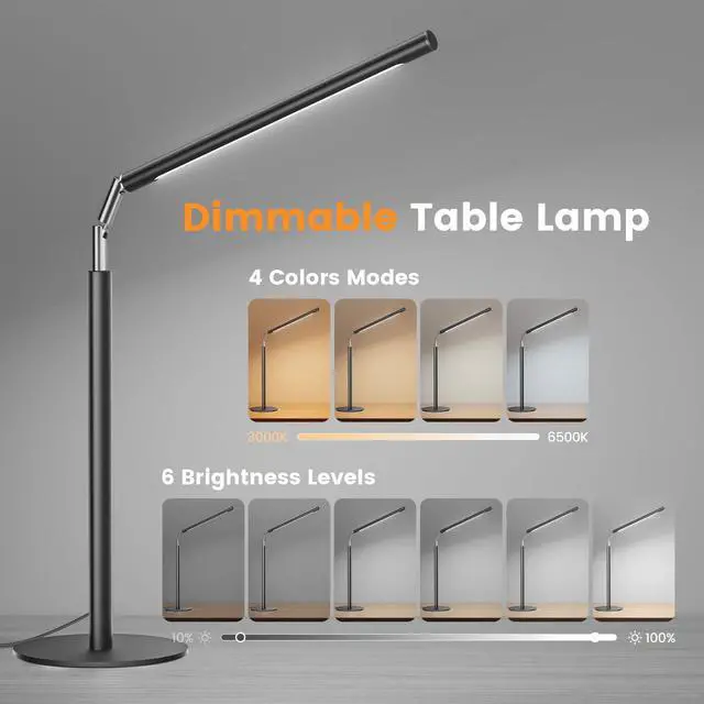 Alt view image 2 of 7 - Metal LED Desk Lamp, 16" Dimmable Desk Light with Base, 15W 1200LM, Adapter Included, Color & Brightness Adjustable, Modern Tall Table Lamp for Home Office Reading Study Task Laptop, Black