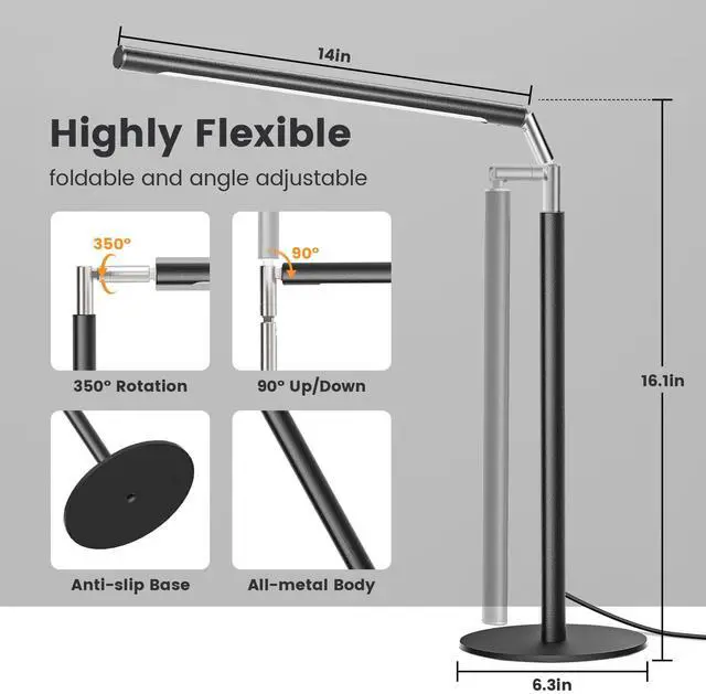 Alt view image 3 of 7 - Metal LED Desk Lamp, 16" Dimmable Desk Light with Base, 15W 1200LM, Adapter Included, Color & Brightness Adjustable, Modern Tall Table Lamp for Home Office Reading Study Task Laptop, Black