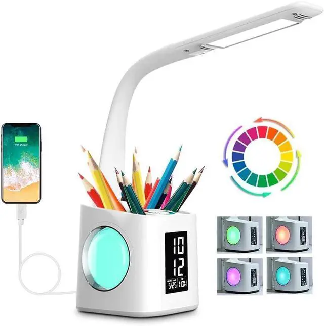 Main image of 7-in-1 Study Desk Lamp with USB Charging, Screen, Calendar, Color Night Light, Kids LED Table Lamp with Pen Holder, Clock, Reading Light, 10W