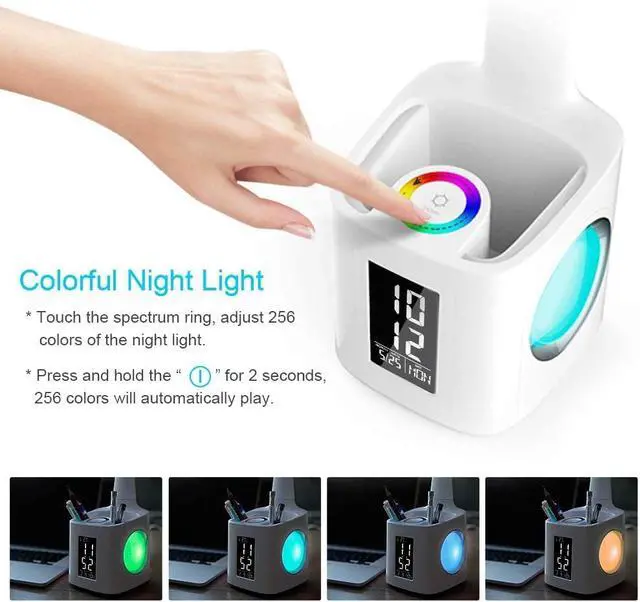 Alt view image 2 of 7 - 7-in-1 Study Desk Lamp with USB Charging, Screen, Calendar, Color Night Light, Kids LED Table Lamp with Pen Holder, Clock, Reading Light, 10W