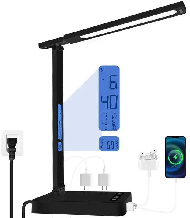 Main image of Smart Desk Lamp with Digital Clock, 4-in-1 Charging Station (2 AC Outlets, Type-C, USB-A Ports), Temperature Display, 5 Color & Brightness Settings, Ideal for Offices & Bedrooms