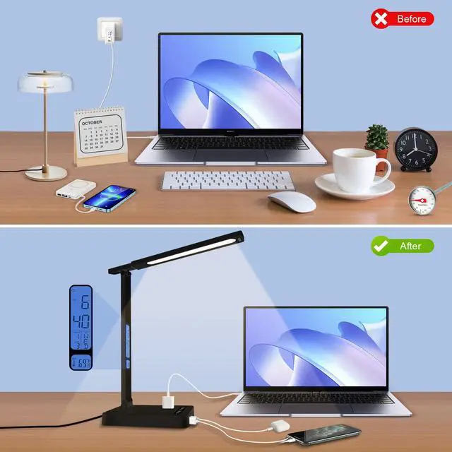 Alt view image 3 of 7 - Smart Desk Lamp with Digital Clock, 4-in-1 Charging Station (2 AC Outlets, Type-C, USB-A Ports), Temperature Display, 5 Color & Brightness Settings, Ideal for Offices & Bedrooms