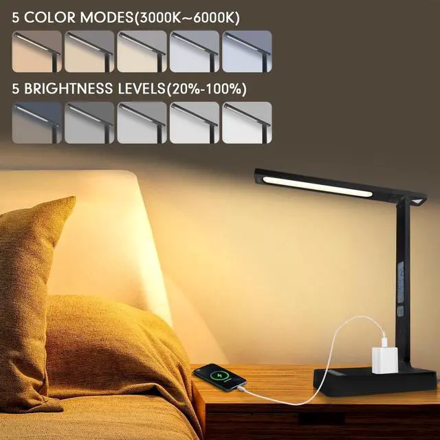 Alt view image 4 of 7 - Smart Desk Lamp with Digital Clock, 4-in-1 Charging Station (2 AC Outlets, Type-C, USB-A Ports), Temperature Display, 5 Color & Brightness Settings, Ideal for Offices & Bedrooms