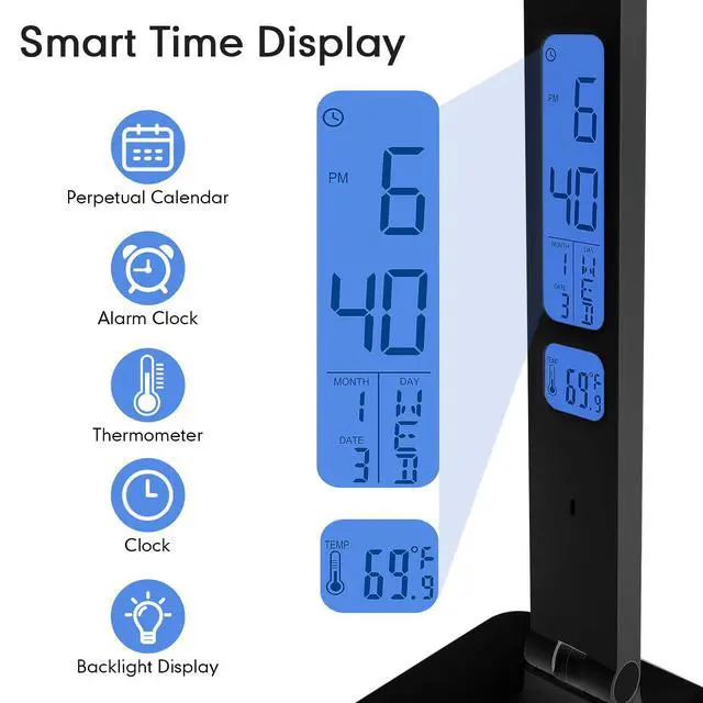 Alt view image 2 of 7 - Smart Desk Lamp with Digital Clock, 4-in-1 Charging Station (2 AC Outlets, Type-C, USB-A Ports), Temperature Display, 5 Color & Brightness Settings, Ideal for Offices & Bedrooms