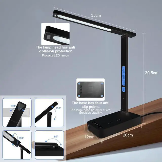 Alt view image 7 of 7 - Smart Desk Lamp with Digital Clock, 4-in-1 Charging Station (2 AC Outlets, Type-C, USB-A Ports), Temperature Display, 5 Color & Brightness Settings, Ideal for Offices & Bedrooms