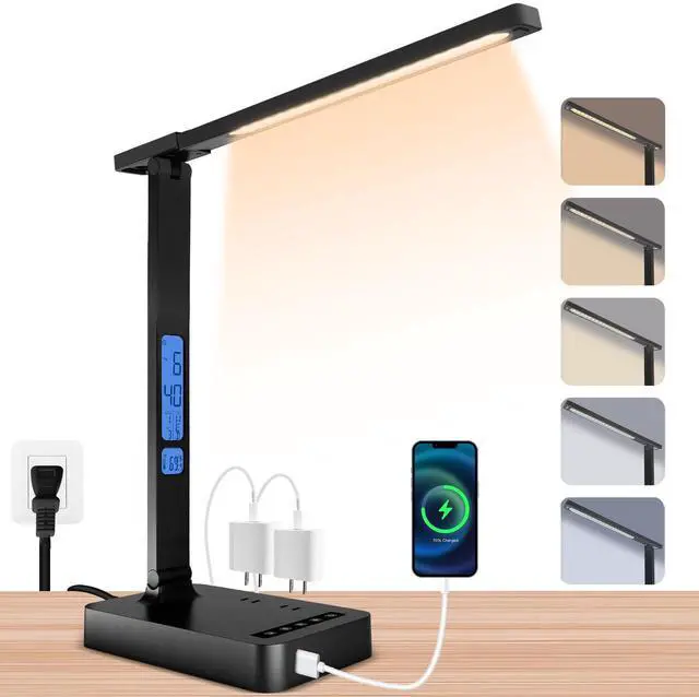 Main image of Smart Desk Lamp with Dual USB Charging (Type-C/USB-A) & 2 AC Outlets, Digital Clock, Temperature Display, 5 Color Modes, 5 Brightness, Adjustable - for Office, Bedroom, Dorm Room, Study