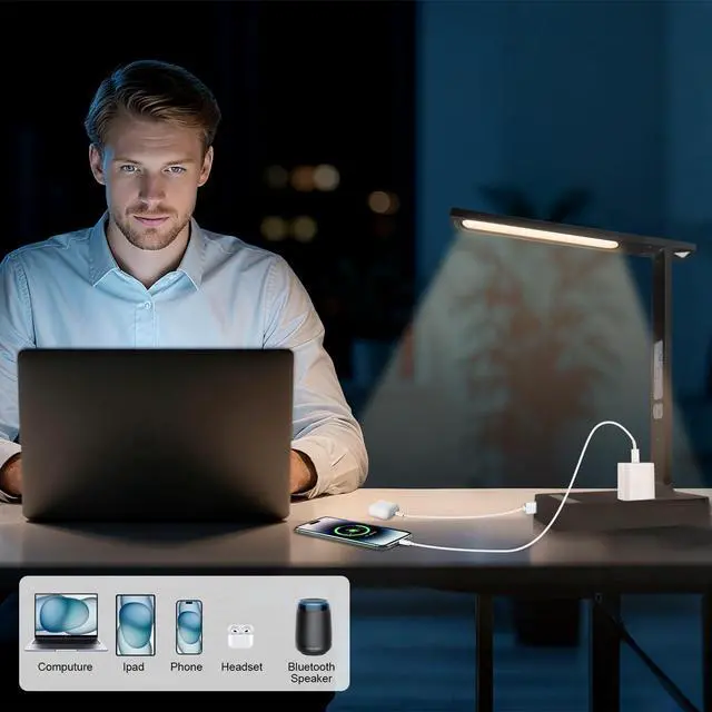 Alt view image 4 of 7 - Smart Desk Lamp with Dual USB Charging (Type-C/USB-A) & 2 AC Outlets, Digital Clock, Temperature Display, 5 Color Modes, 5 Brightness, Adjustable - for Office, Bedroom, Dorm Room, Study