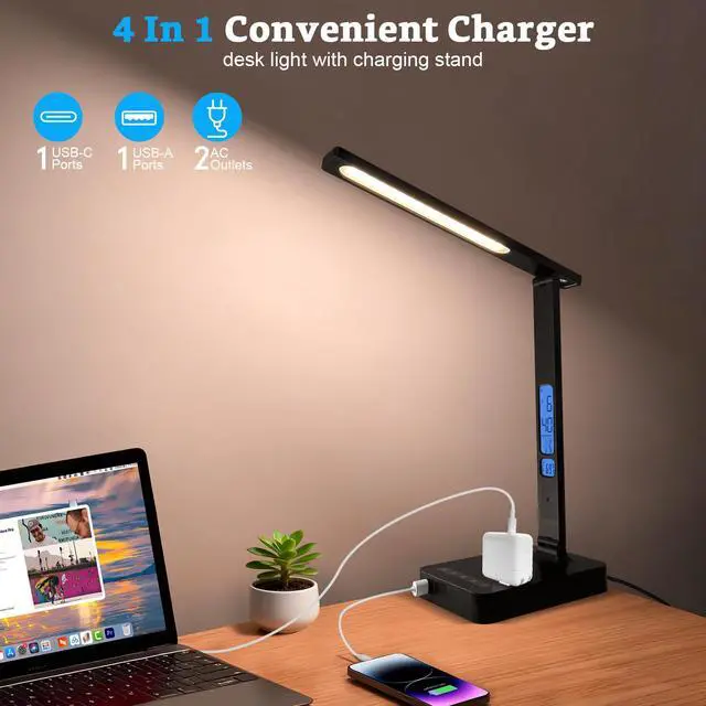 Alt view image 3 of 7 - Smart Desk Lamp with Dual USB Charging (Type-C/USB-A) & 2 AC Outlets, Digital Clock, Temperature Display, 5 Color Modes, 5 Brightness, Adjustable - for Office, Bedroom, Dorm Room, Study