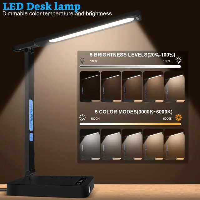 Alt view image 2 of 7 - Smart Desk Lamp with Dual USB Charging (Type-C/USB-A) & 2 AC Outlets, Digital Clock, Temperature Display, 5 Color Modes, 5 Brightness, Adjustable - for Office, Bedroom, Dorm Room, Study