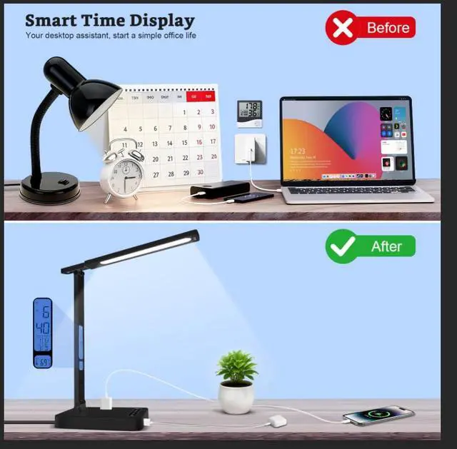 Alt view image 6 of 7 - Smart Desk Lamp with Dual USB Charging (Type-C/USB-A) & 2 AC Outlets, Digital Clock, Temperature Display, 5 Color Modes, 5 Brightness, Adjustable - for Office, Bedroom, Dorm Room, Study