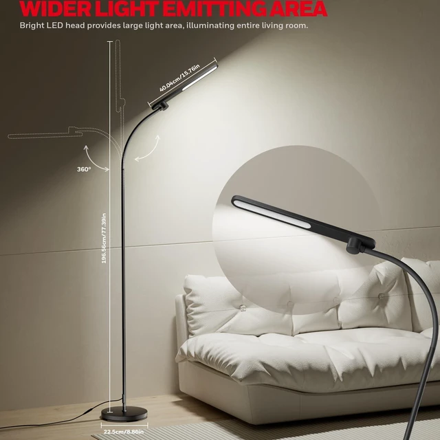Alt view image 3 of 7 - LED Floor Lamp for Reading, CRI97 Full Spectrum Gooseneck Floor Lamp, Eye-Caring Dimmable Standing Task Light, 3 Color Temperatures, 77.5" Tall for Living Room, Bedroom, Office