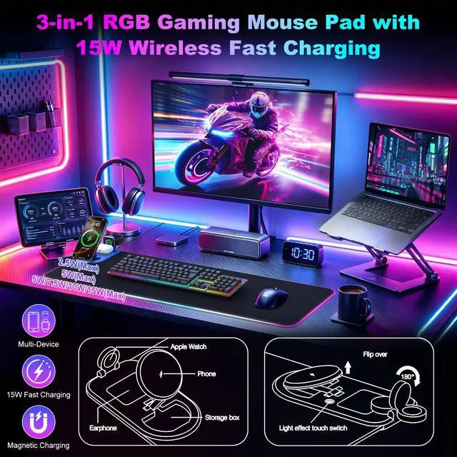 Alt view image 2 of 7 - Wireless Charging RGB Gaming Mouse Pad with Foldable Phone Holder, 3 in 1 Magnetic Charging Station, Large Desk Mat, Waterproof Surface, Non-Slip Rubber Base for Gaming and Home Office