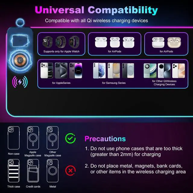Alt view image 5 of 7 - Wireless Charging RGB Gaming Mouse Pad with Foldable Phone Holder, 3 in 1 Magnetic Charging Station, Large Desk Mat, Waterproof Surface, Non-Slip Rubber Base for Gaming and Home Office