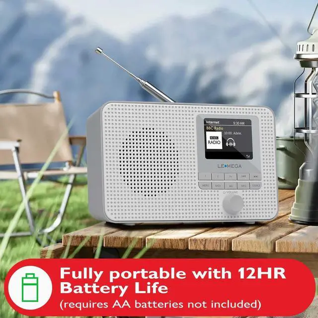 Alt view image 4 of 7 - IR1 Portable WiFi Internet Radio, FM Digital Radio, Bluetooth, Dual Alarms Clock,Sleep Snooze Timer,40 Presets,Headphone-Output, Colour Display,Batteries or Mains Powered Grey Finish