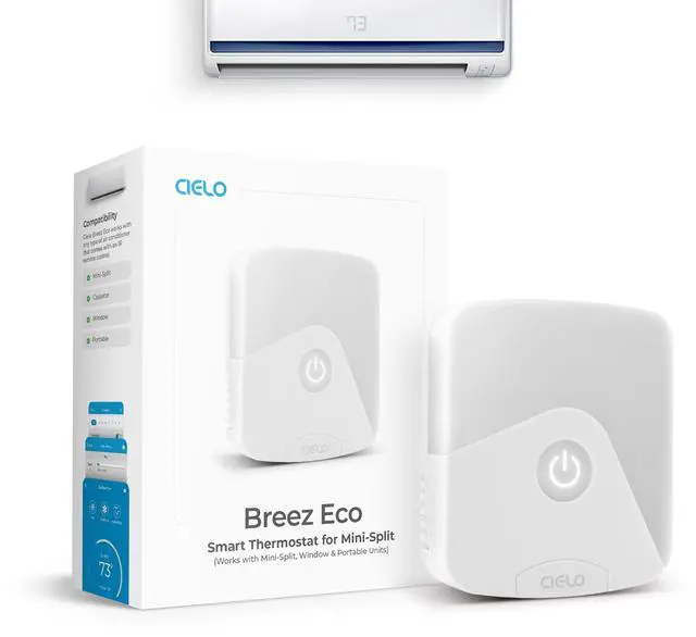 Main image of Breez Eco | Smart AC Controller for Mini Split, Window, Portable ACS | WiFi, Alexa, Google, Siri Shortcuts, SmartThings, IFTTT, Free App, NO Subscriptions | Schedules, Geofencing, Comfy (White)