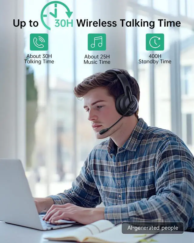 Alt view image 6 of 7 - Wireless Headset with Mic for Work with AI Noise Cancelling Mic for Clear Calls, Bluetooth V5.3 Headphones with Microphone to USB A/C Dongle & Mic Mute for Computer Laptop PC iPhone (Black)