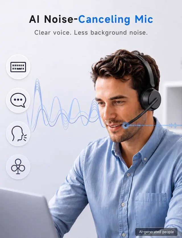 Alt view image 2 of 7 - Wireless Headset with Mic for Work, Bluetooth 5.4 Headphones with AI Noise-Canceling Mic for Clear Calls, Computer Headset with Mic Mute & USB A/C Dongle for PC, Computer, Laptop
