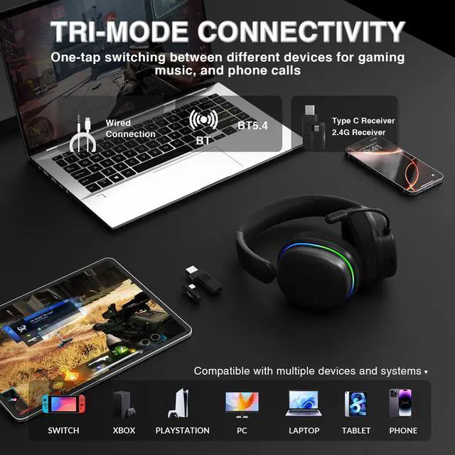 Alt view image 3 of 7 - G7 Pro Wireless Gaming Headset with 7.1 Surround Sound, 40mm Driver, BT5.3 Gaming Headphones with Mic, RGB, 10ms Latency, 65H Battery, PC Gaming Headset for PS5,PS4, Switch,PC,Wired Mode for Xbox