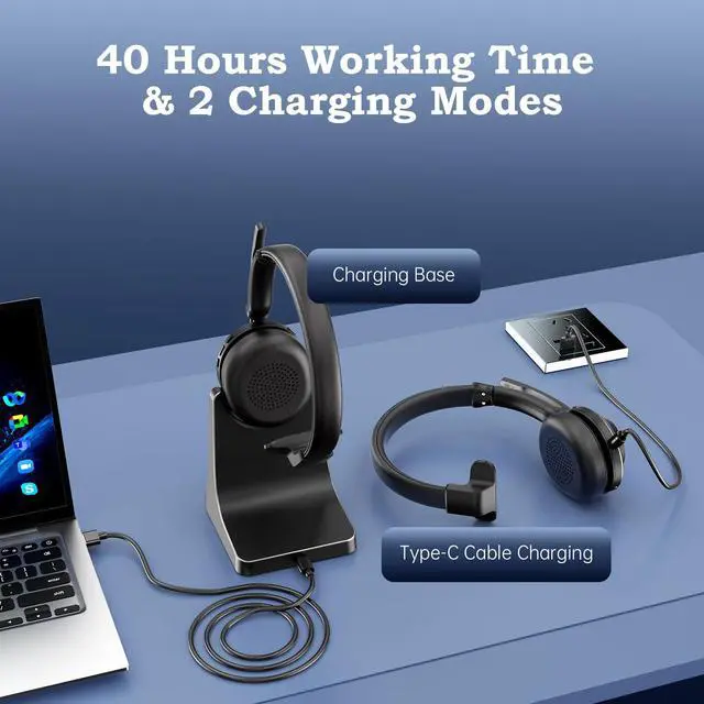 Alt view image 5 of 7 - Bluetooth Wireless Headset with Mic for Work, Advanced Noise Reduction Microphone, Clear Calls - Comfortable On-Ear Headphones, Bluetooth 5.3, Applicable to PC, Zoom(Without USB Dongle)