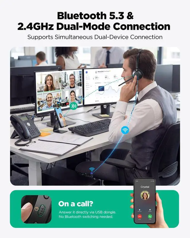 Alt view image 4 of 7 - Wireless Headset with Mic for Work,Bluetooth Headset for Clear Call Meeting, Work Headset with Charge Stand for Remote & Office, Bluetooth 5.3 & 2.4G Headset for PC, Phone, Teams, Zoom - OHR689