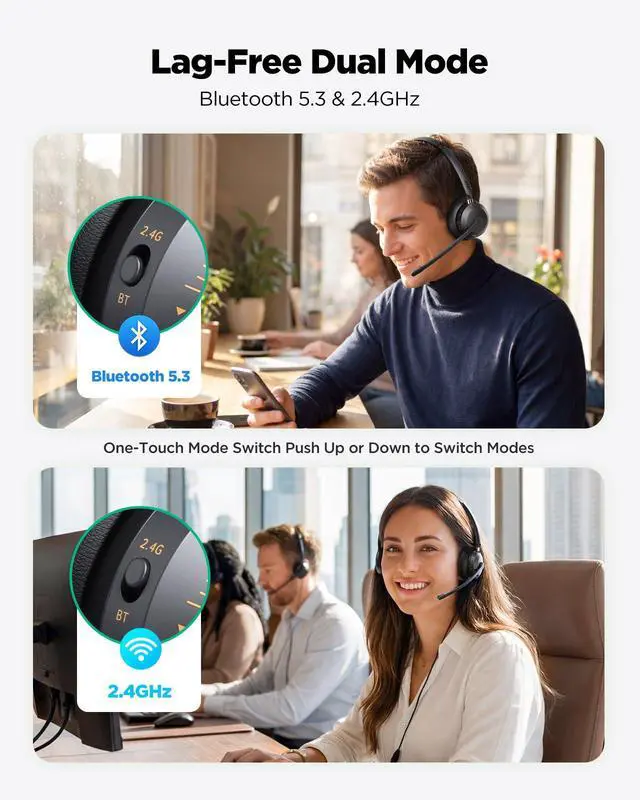 Alt view image 7 of 7 - Wireless Headset with Mic for Work,Bluetooth Headset for Clear Call Meeting, Work Headset with Charge Stand for Remote & Office, Bluetooth 5.3 & 2.4G Headset for PC, Phone, Teams, Zoom - OHR689