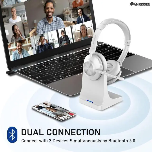 Alt view image 2 of 7 - Wireless Headset with Mic for Work, Bluetooth Headphone with Microphone, AI Noise Canceling Mic & Mute, Wireless Headset with USB Dongle & Charging Dock for PC/Cell Phones/Call Center/Teams