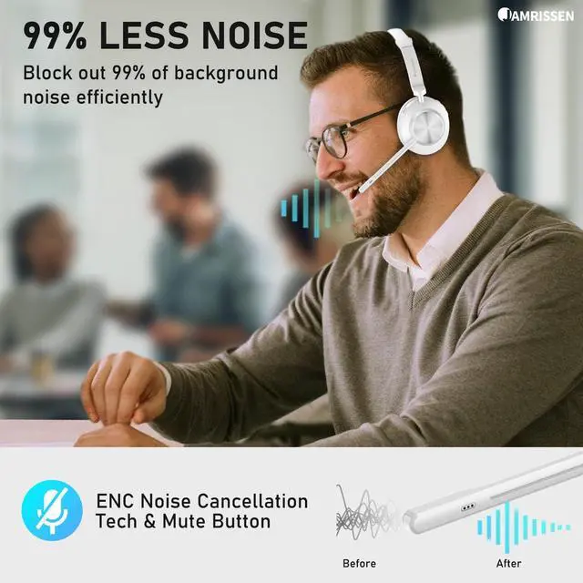 Alt view image 4 of 7 - Wireless Headset with Mic for Work, Bluetooth Headphone with Microphone, AI Noise Canceling Mic & Mute, Wireless Headset with USB Dongle & Charging Dock for PC/Cell Phones/Call Center/Teams