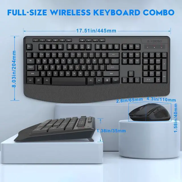 Alt view image 2 of 7 - Wireless Keyboard and Mouse Combo, 2.4GHz Full Sized Ergonomic Wireless Keyboard with Wrist Rest, 3 DPI Adjustable and 6 Buttons Cordless USB Mouse for Computer, Laptop, PC, Windows (Black)
