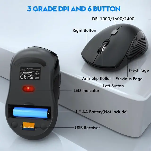 Alt view image 5 of 7 - Wireless Keyboard and Mouse Combo, 2.4GHz Full Sized Ergonomic Wireless Keyboard with Wrist Rest, 3 DPI Adjustable and 6 Buttons Cordless USB Mouse for Computer, Laptop, PC, Windows (Black)