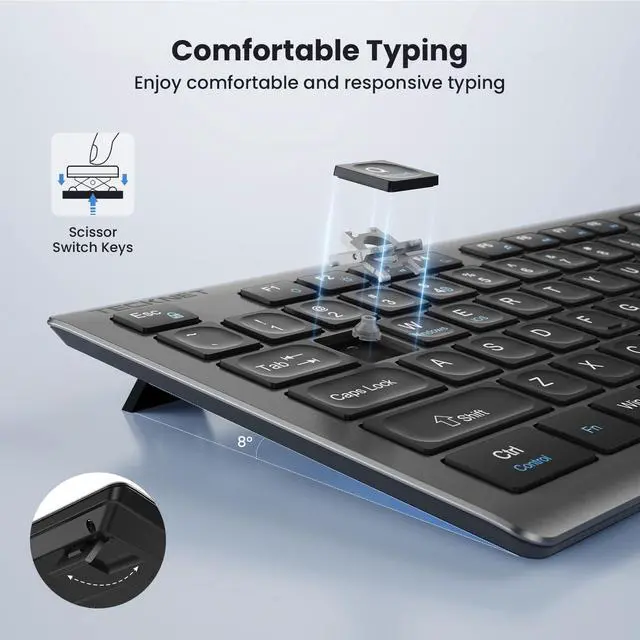 Alt view image 3 of 7 - Wireless Keyboard and Mouse Combo, Rechargeable Ultra-Slim Full-Size Keyboard with 12 Multimedia Keys and Silent Click Mouse, 2.4G Plug and Play, Compatible with PC/Laptop/Smart TV - Grey