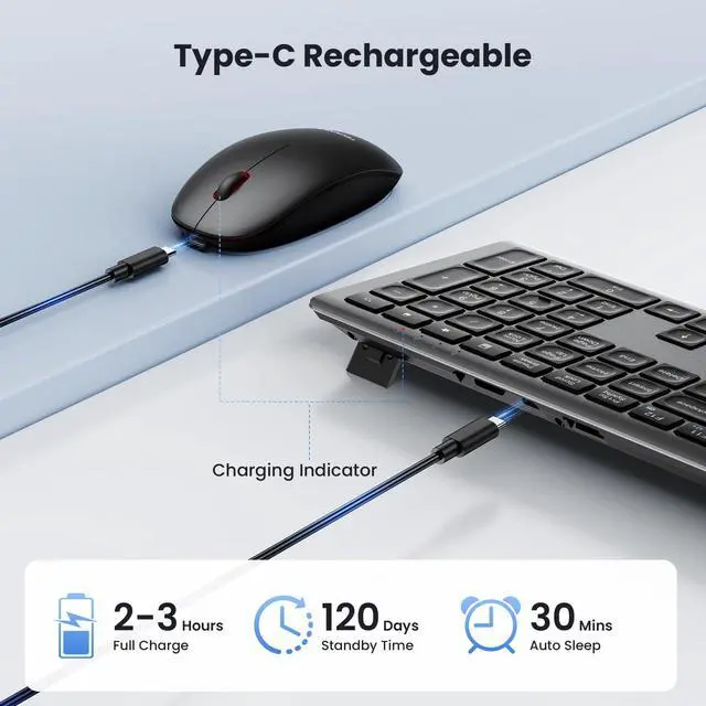 Alt view image 4 of 7 - Wireless Keyboard and Mouse Combo, Rechargeable Ultra-Slim Full-Size Keyboard with 12 Multimedia Keys and Silent Click Mouse, 2.4G Plug and Play, Compatible with PC/Laptop/Smart TV - Grey