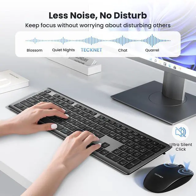 Alt view image 5 of 7 - Wireless Keyboard and Mouse Combo, Rechargeable Ultra-Slim Full-Size Keyboard with 12 Multimedia Keys and Silent Click Mouse, 2.4G Plug and Play, Compatible with PC/Laptop/Smart TV - Grey